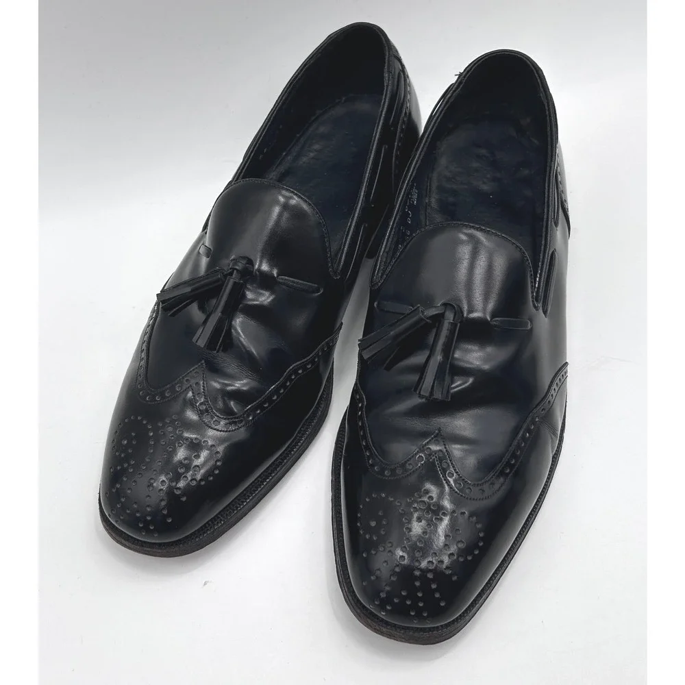 Vintage Black Leather Tassel Loafers Wingtip Slip On Dress Shoes Men's 9 E